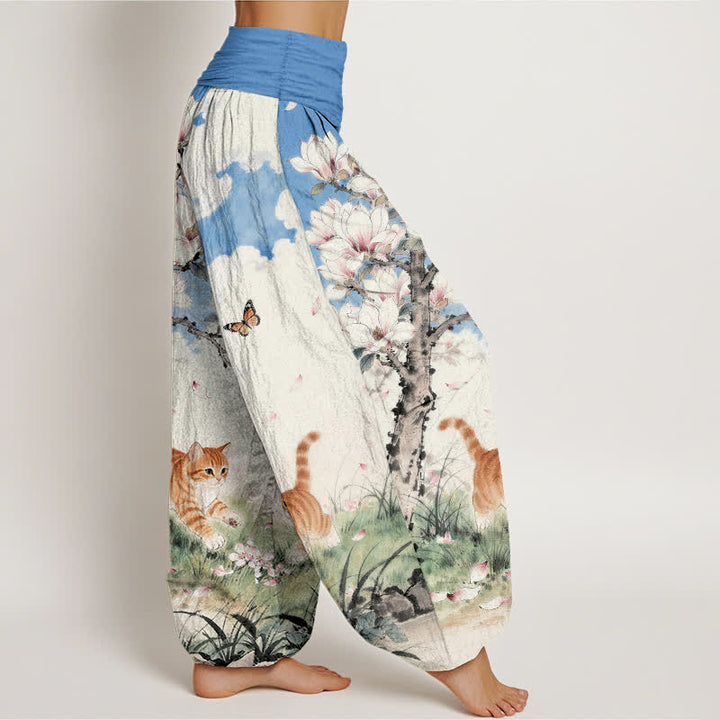 Buddha Stones Pantaloni harem da donna in puro cotone con elastico in vita e fantasia di gatti tigrati arancioni e magnolia. - image 2