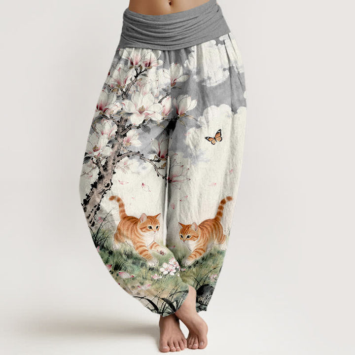 Buddha Stones Pantaloni harem da donna in puro cotone con elastico in vita e fantasia di gatti tigrati arancioni e magnolia. - Grigio - US16, UK/AU20, EU48 (3XL) - image 5