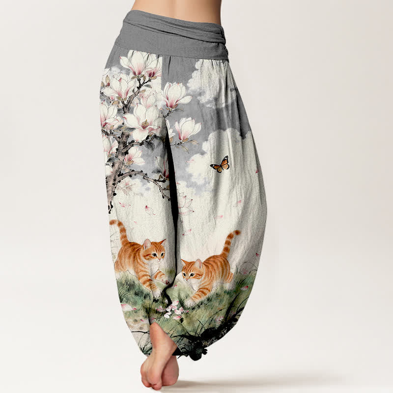 Buddha Stones Pantaloni harem da donna in puro cotone con elastico in vita e fantasia di gatti tigrati arancioni e magnolia. - image 6