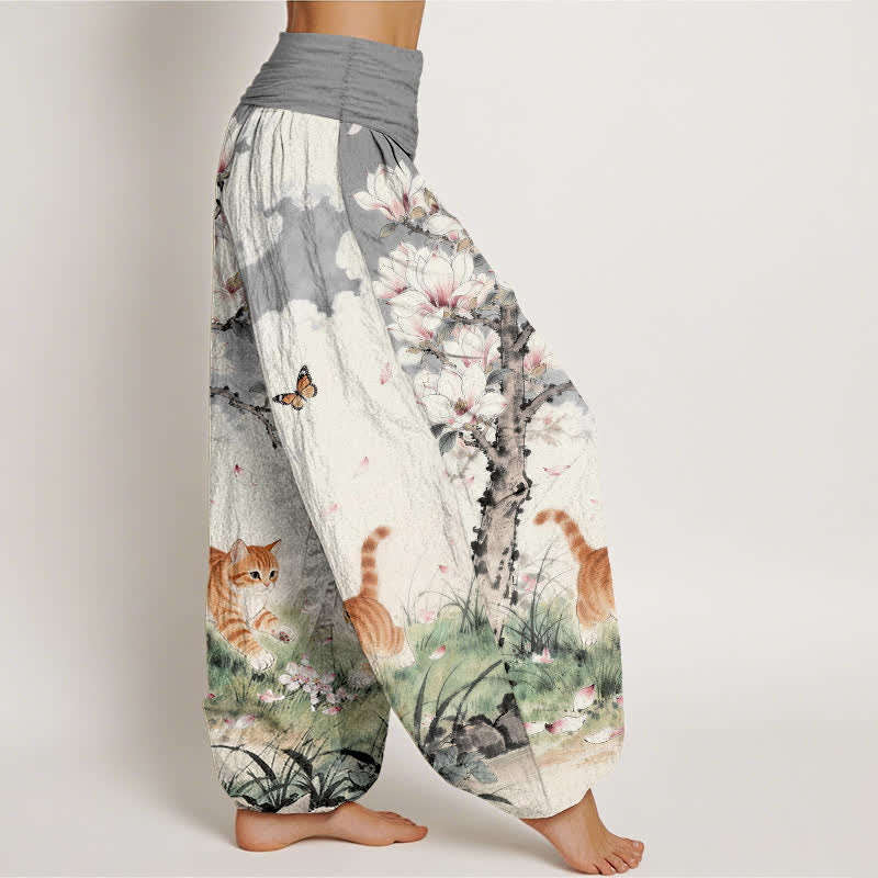 Buddha Stones Pantaloni harem da donna in puro cotone con elastico in vita e fantasia di gatti tigrati arancioni e magnolia. - image 7