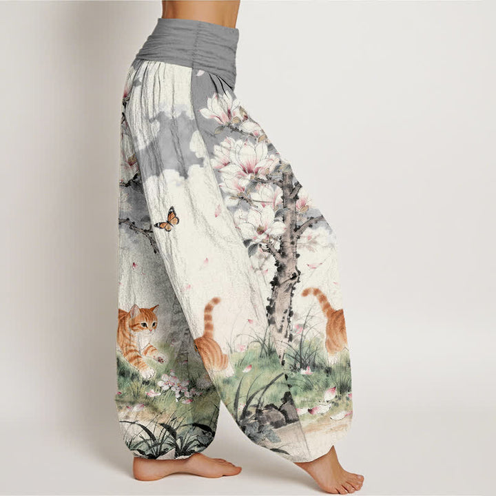 Buddha Stones Pantaloni harem da donna in puro cotone con elastico in vita e fantasia di gatti tigrati arancioni e magnolia. - image 7