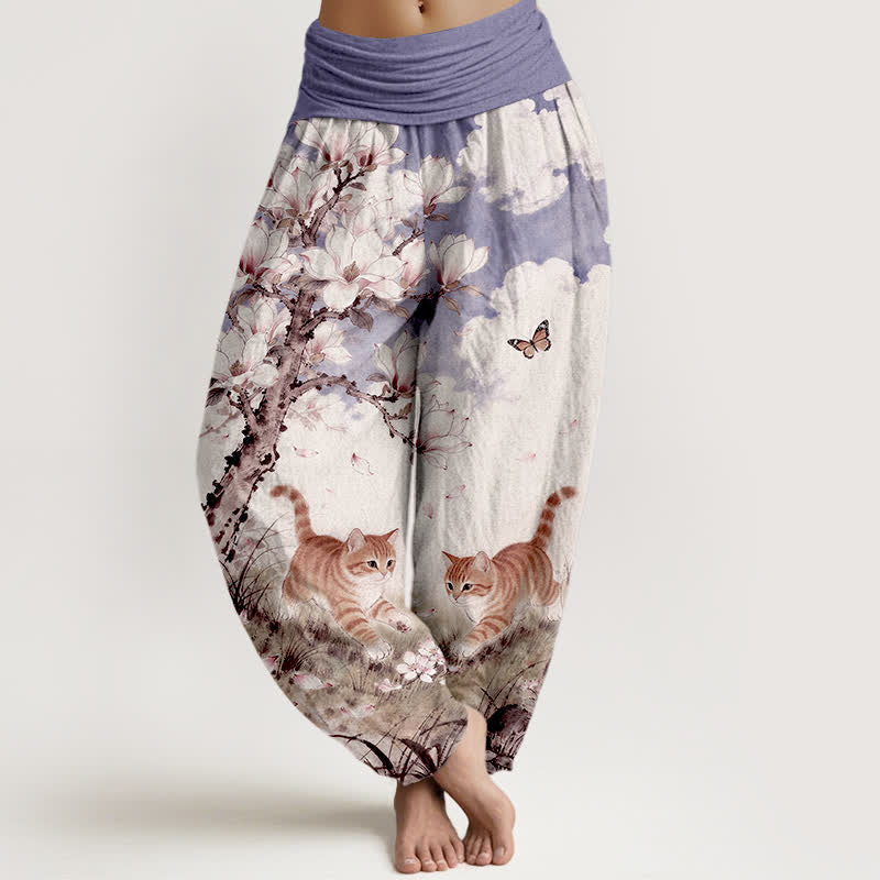 Buddha Stones Pantaloni harem da donna in puro cotone con elastico in vita e fantasia di gatti tigrati arancioni e magnolia. - Lavanda - US16, UK/AU20, EU48 (3XL) - image 8