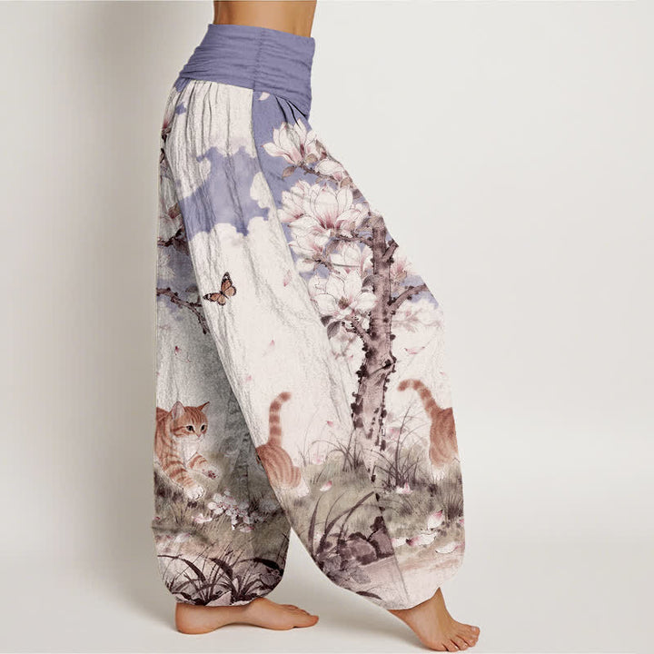 Buddha Stones Pantaloni harem da donna in puro cotone con elastico in vita e fantasia di gatti tigrati arancioni e magnolia. - image 10