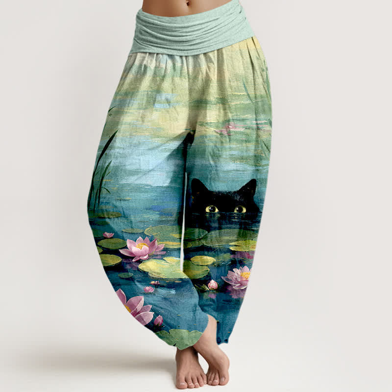 Buddha Stones Pantaloni harem da donna in cotone con motivo gatto e laghetto di loto, con elastico in vita. - Turchese medio - US16, UK/AU20, EU48 (3XL) - image 0