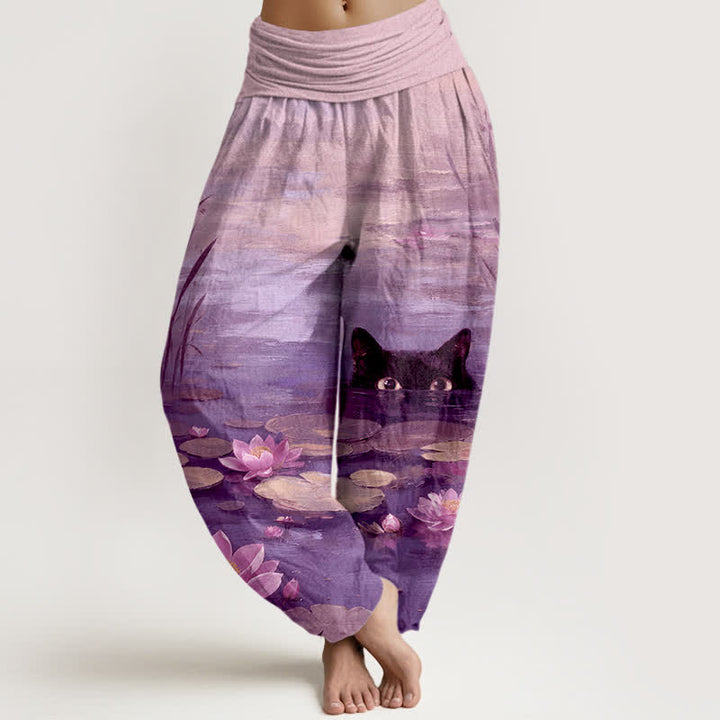 Buddha Stones Pantaloni harem da donna in cotone con motivo gatto e laghetto di loto, con elastico in vita. - Viola medio - US16, UK/AU20, EU48 (3XL) - image 5