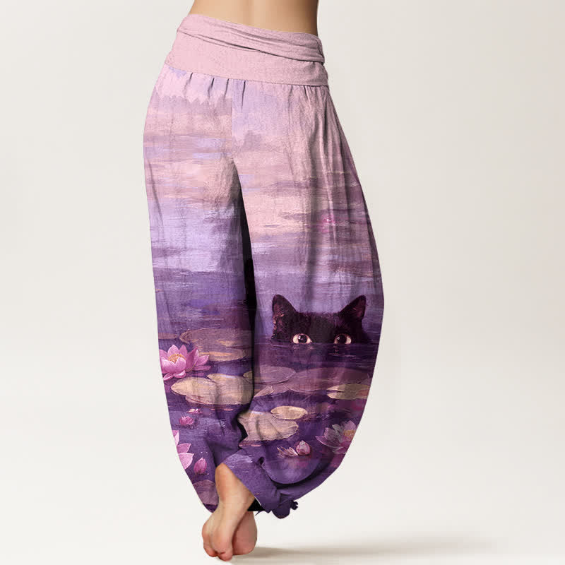 Buddha Stones Pantaloni harem da donna in cotone con motivo gatto e laghetto di loto, con elastico in vita. - image 6