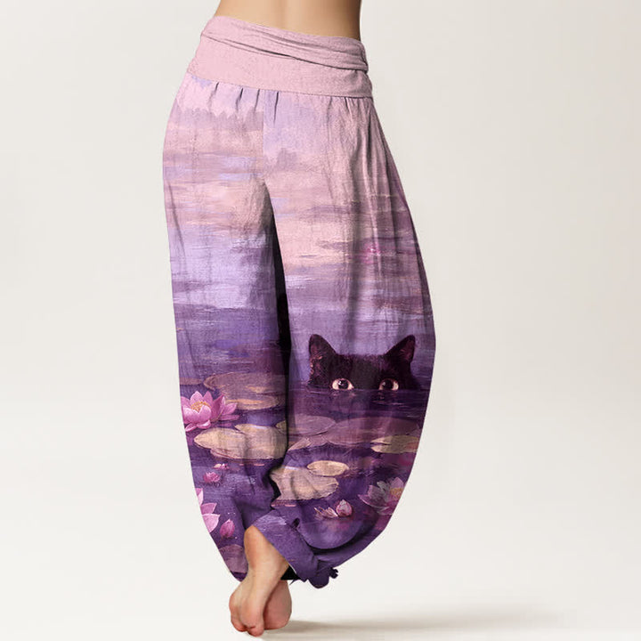 Buddha Stones Pantaloni harem da donna in cotone con motivo gatto e laghetto di loto, con elastico in vita. - image 6