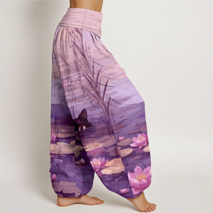 Buddha Stones Pantaloni harem da donna in cotone con motivo gatto e laghetto di loto, con elastico in vita. - image 7
