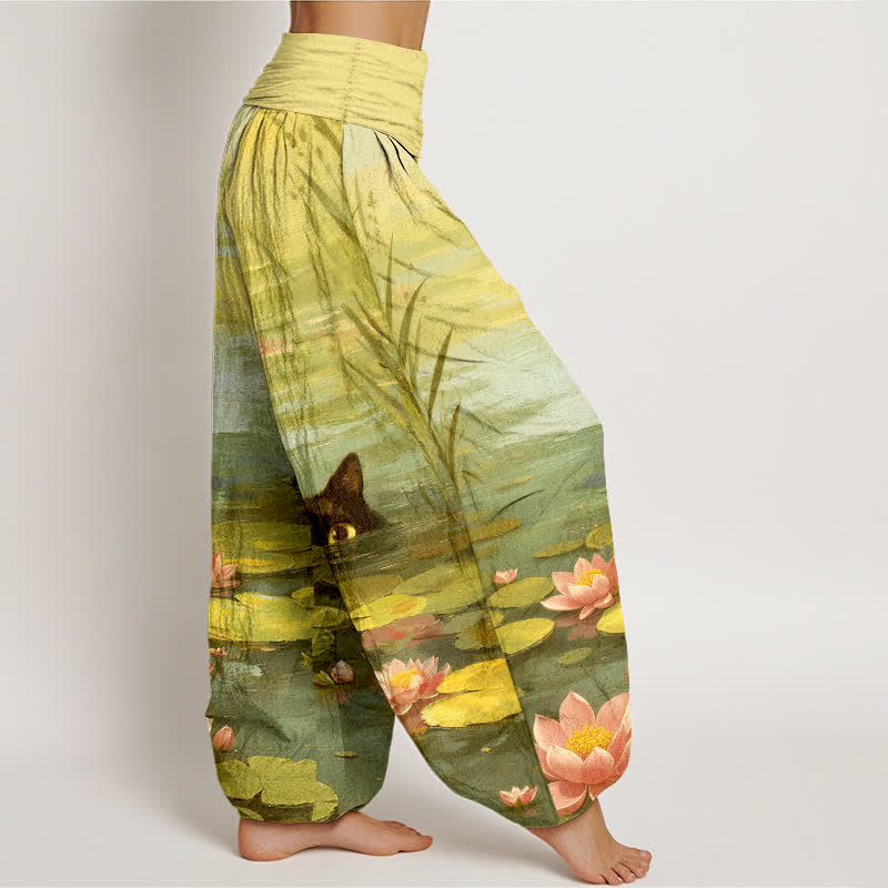 Buddha Stones Pantaloni harem da donna in cotone con motivo gatto e laghetto di loto, con elastico in vita. - image 10