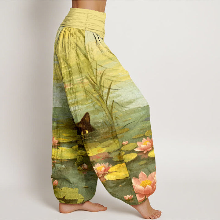 Buddha Stones Pantaloni harem da donna in cotone con motivo gatto e laghetto di loto, con elastico in vita. - image 10