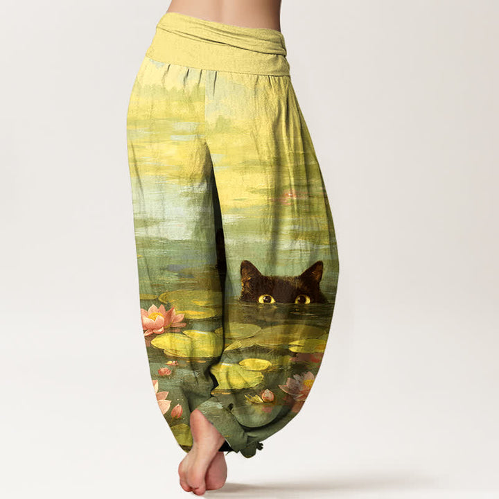 Buddha Stones Pantaloni harem da donna in cotone con motivo gatto e laghetto di loto, con elastico in vita. - image 9