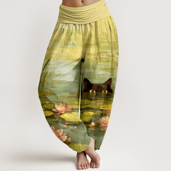 Buddha Stones Pantaloni harem da donna in cotone con motivo gatto e laghetto di loto, con elastico in vita. - GialloVerde - US16, UK/AU20, EU48 (3XL) - image 8