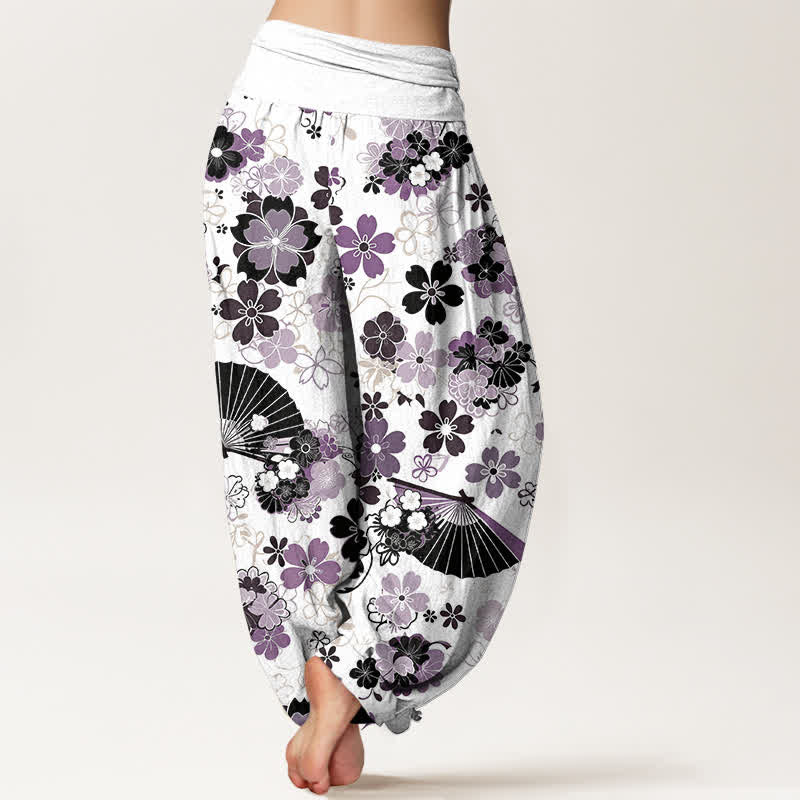Buddha Stones Pantaloni harem da donna in cotone con motivo floreale a ventaglio e fiori di ciliegio, con elastico in vita. - image 1
