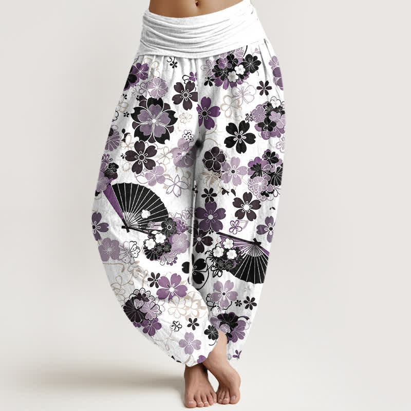 Buddha Stones Pantaloni harem da donna in cotone con motivo floreale a ventaglio e fiori di ciliegio, con elastico in vita. - Cardo - US16, UK/AU20, EU48 (3XL) - image 0