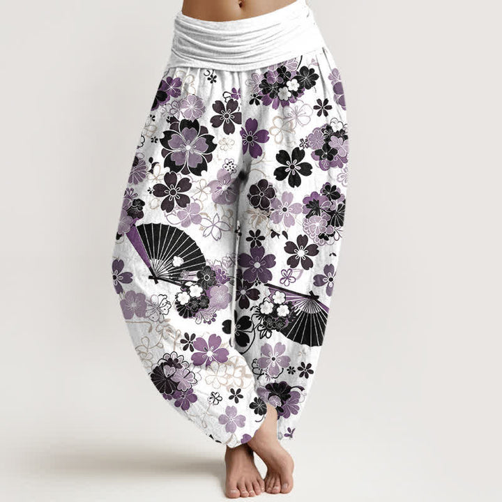 Buddha Stones Pantaloni harem da donna in cotone con motivo floreale a ventaglio e fiori di ciliegio, con elastico in vita. - Cardo - US16, UK/AU20, EU48 (3XL) - image 0