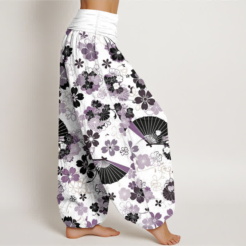 Buddha Stones Pantaloni harem da donna in cotone con motivo floreale a ventaglio e fiori di ciliegio, con elastico in vita. - image 2