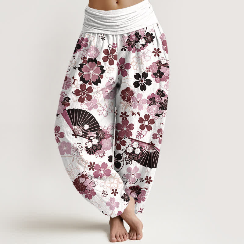 Buddha Stones Pantaloni harem da donna in cotone con motivo floreale a ventaglio e fiori di ciliegio, con elastico in vita. - Marrone rosato - US16, UK/AU20, EU48 (3XL) - image 5