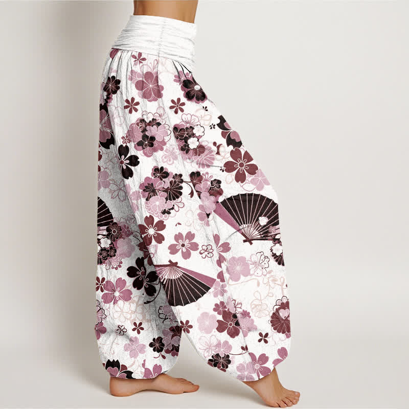 Buddha Stones Pantaloni harem da donna in cotone con motivo floreale a ventaglio e fiori di ciliegio, con elastico in vita. - image 7