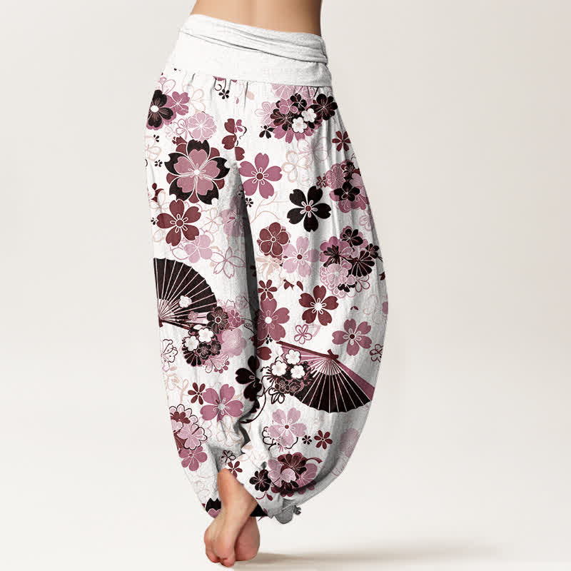 Buddha Stones Pantaloni harem da donna in cotone con motivo floreale a ventaglio e fiori di ciliegio, con elastico in vita. - image 6