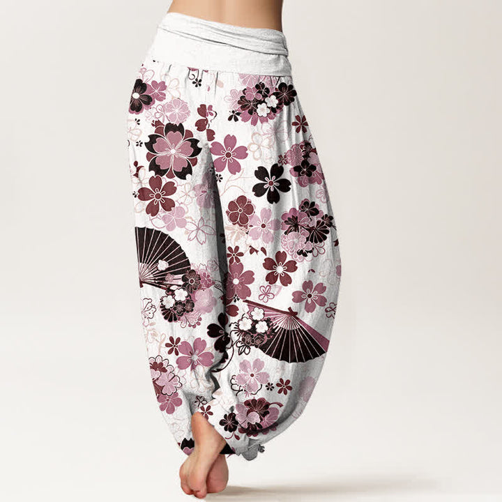 Buddha Stones Pantaloni harem da donna in cotone con motivo floreale a ventaglio e fiori di ciliegio, con elastico in vita. - image 6