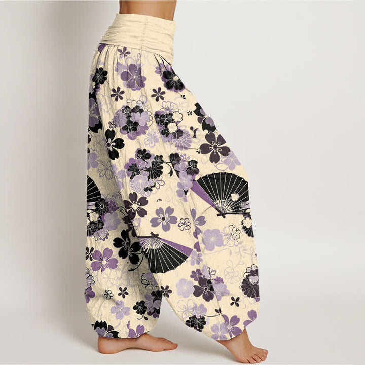 Buddha Stones Pantaloni harem da donna in cotone con motivo floreale a ventaglio e fiori di ciliegio, con elastico in vita. - image 10