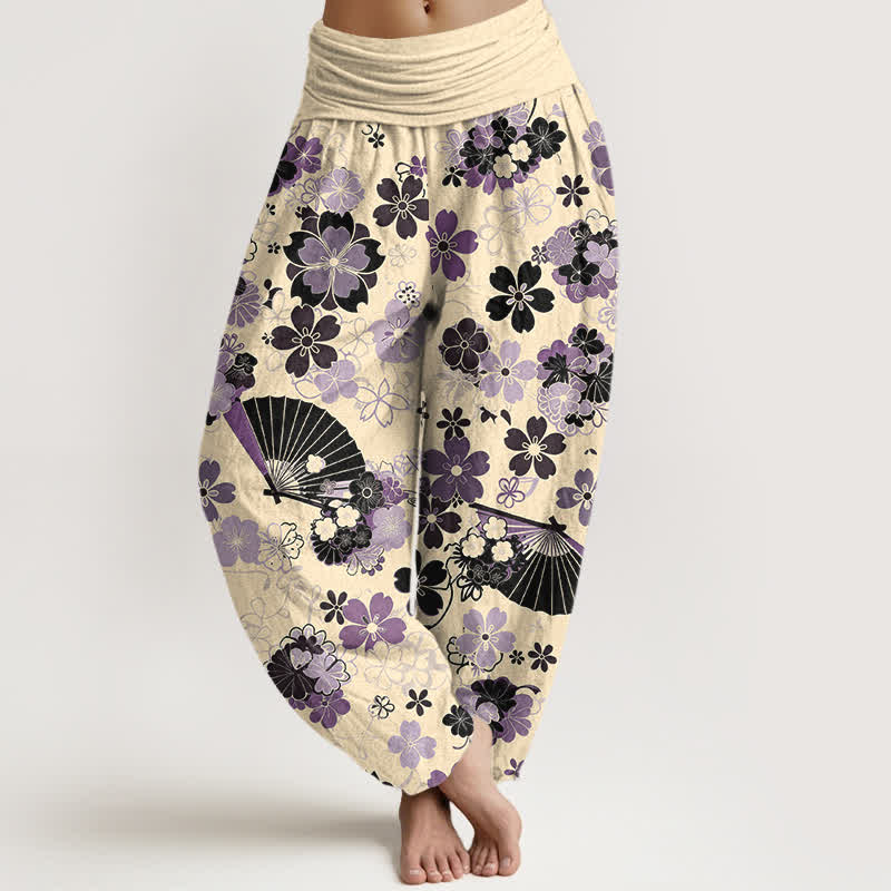 Buddha Stones Pantaloni harem da donna in cotone con motivo floreale a ventaglio e fiori di ciliegio, con elastico in vita. - Seta di mais - US16, UK/AU20, EU48 (3XL) - image 8