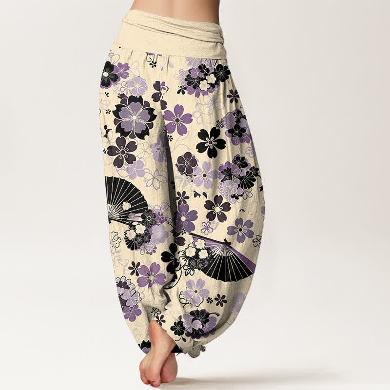 Buddha Stones Pantaloni harem da donna in cotone con motivo floreale a ventaglio e fiori di ciliegio, con elastico in vita. - image 9