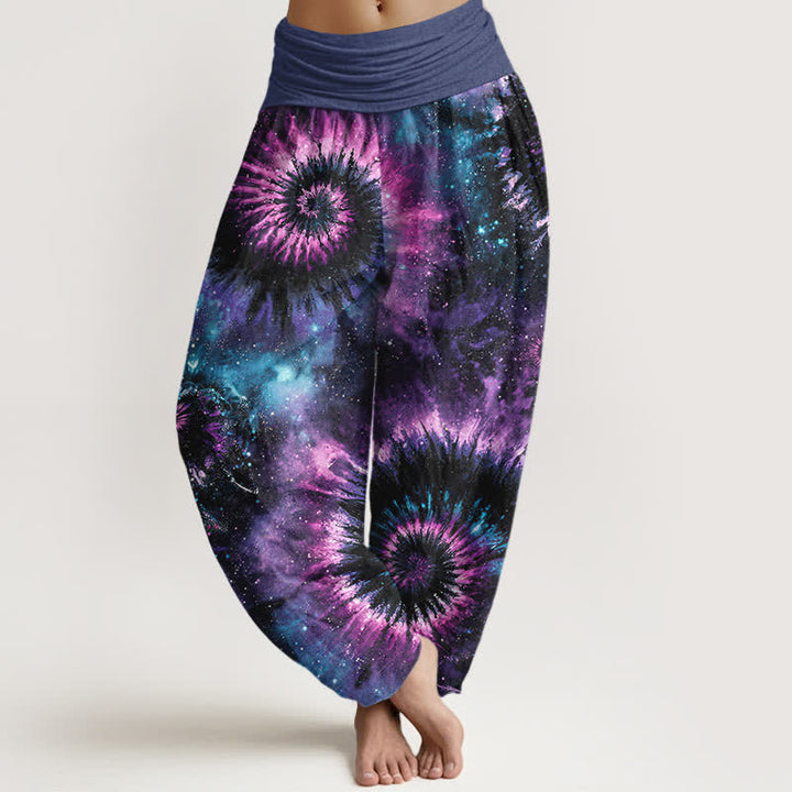 Buddha Stones Pantaloni harem da donna in puro cotone con motivo a spirale cosmica e vita elasticizzata. - Viola - US16, UK/AU20, EU48 (3XL) - image 0
