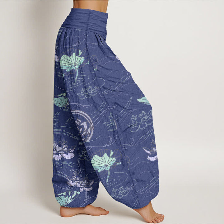 Buddha Stones Pantaloni harem da donna in cotone con motivo a onde di loto e vita elasticizzata - image 2