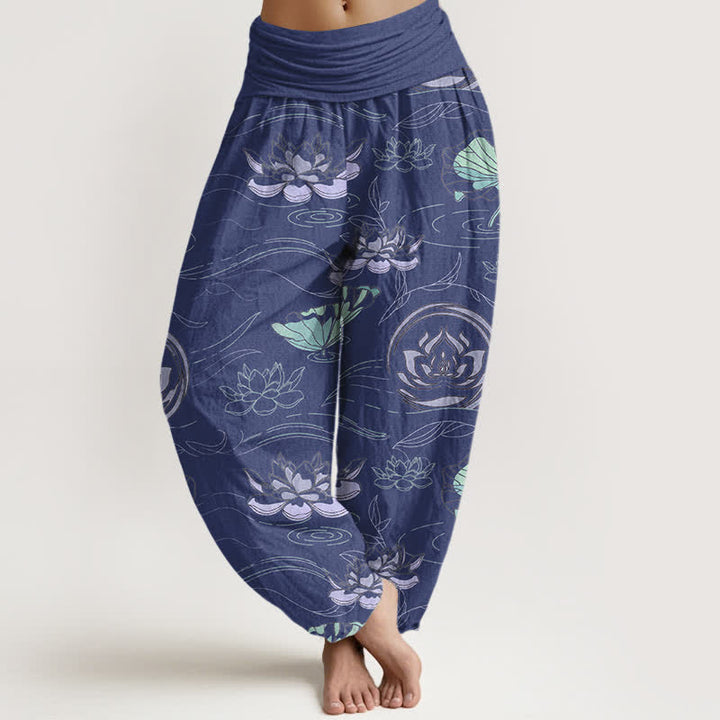 Buddha Stones Pantaloni harem da donna in cotone con motivo a onde di loto e vita elasticizzata - Marina - US16, UK/AU20, EU48 (3XL) - image 0
