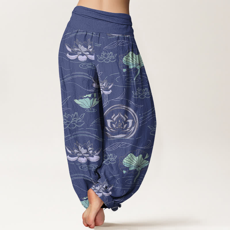 Buddha Stones Pantaloni harem da donna in cotone con motivo a onde di loto e vita elasticizzata - image 1