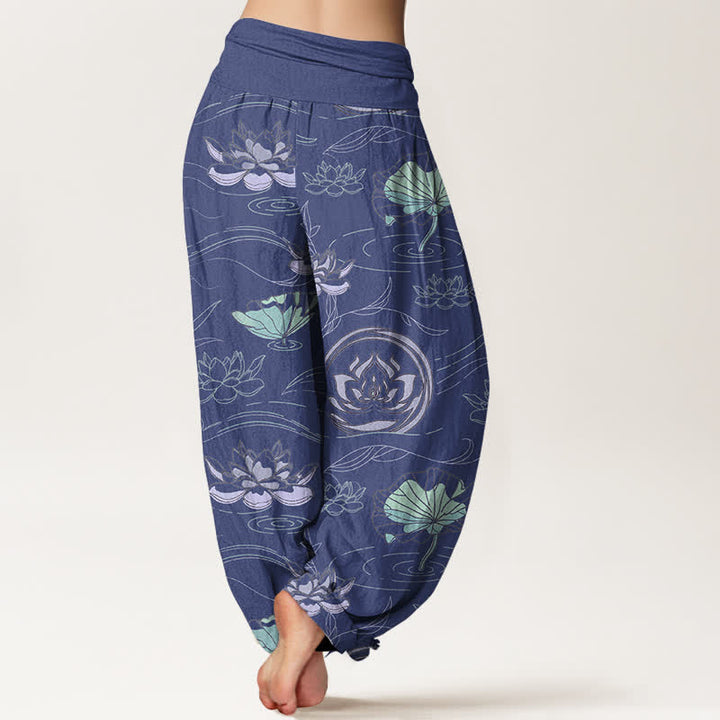 Buddha Stones Pantaloni harem da donna in cotone con motivo a onde di loto e vita elasticizzata - image 1