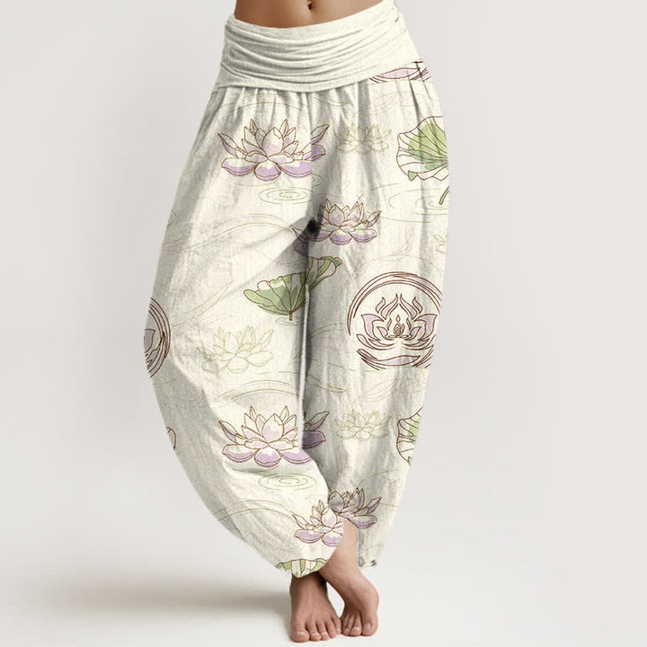 Buddha Stones Pantaloni harem da donna in cotone con motivo a onde di loto e vita elasticizzata - Avorio - US16, UK/AU20, EU48 (3XL) - image 5