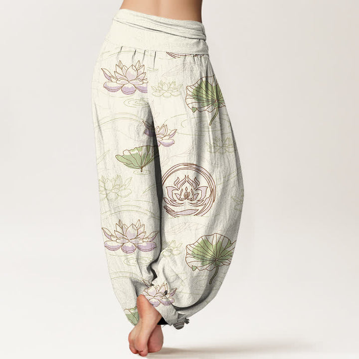 Buddha Stones Pantaloni harem da donna in cotone con motivo a onde di loto e vita elasticizzata - image 6