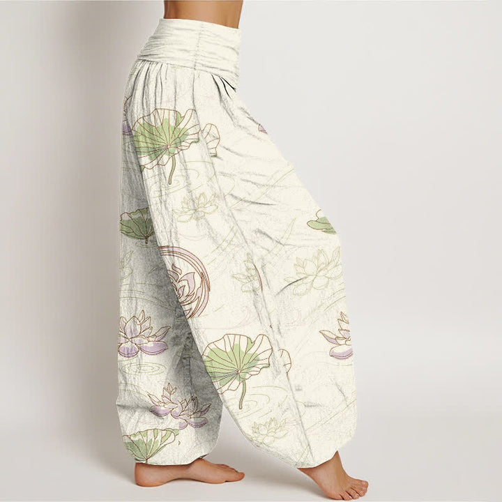 Buddha Stones Pantaloni harem da donna in cotone con motivo a onde di loto e vita elasticizzata - image 7