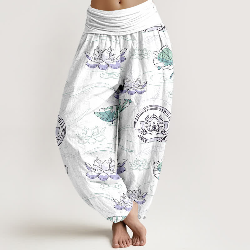Buddha Stones Pantaloni harem da donna in cotone con motivo a onde di loto e vita elasticizzata - Bianco - US16, UK/AU20, EU48 (3XL) - image 8