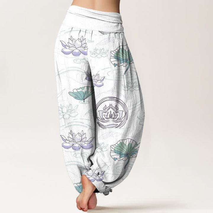 Buddha Stones Pantaloni harem da donna in cotone con motivo a onde di loto e vita elasticizzata - image 9