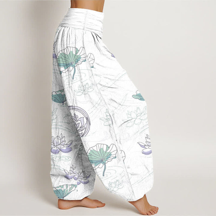Buddha Stones Pantaloni harem da donna in cotone con motivo a onde di loto e vita elasticizzata - image 10