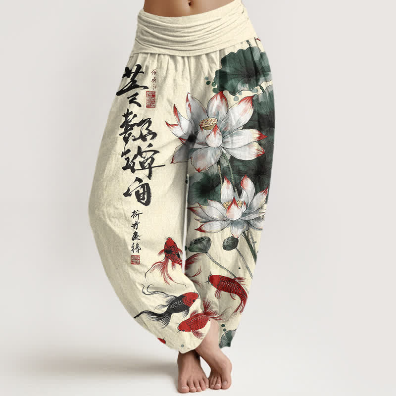 Buddha Stones Pantaloni harem da donna in cotone con elastico in vita e motivo a calligrafia di pesci koi rossi e loto rosso. - Seta di mais - US16, UK/AU20, EU48 (3XL) - image 8