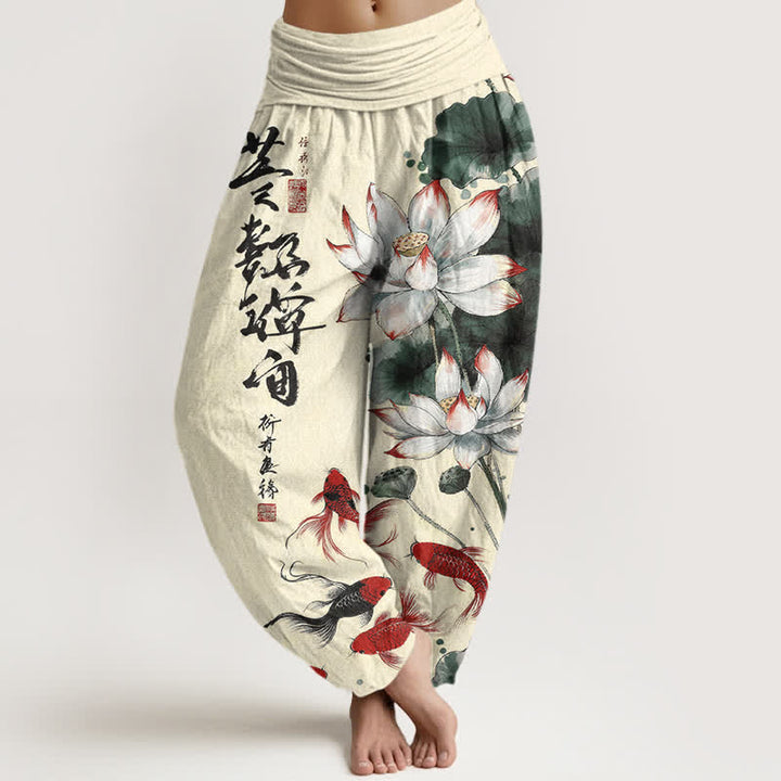 Buddha Stones Pantaloni harem da donna in cotone con elastico in vita e motivo a calligrafia di pesci koi rossi e loto rosso. - Seta di mais - US16, UK/AU20, EU48 (3XL) - image 8