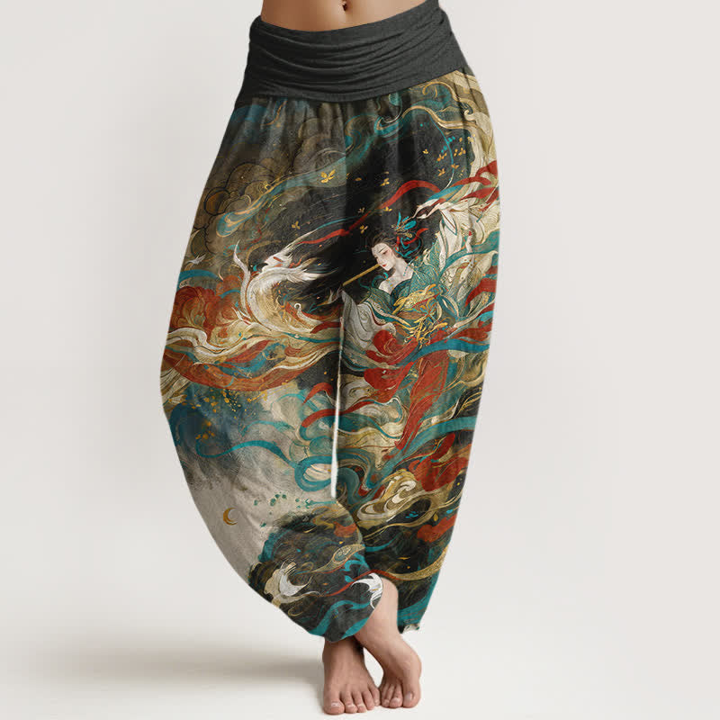 Buddha Stones Pantaloni harem da donna in cotone Dunhuang con motivo a nuvole e figura orientale, con elastico in vita. - Nero - US16, UK/AU20, EU48 (3XL) - image 0
