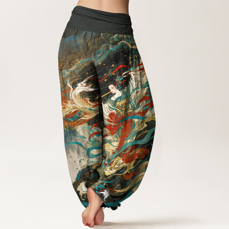 Buddha Stones Pantaloni harem da donna in cotone Dunhuang con motivo a nuvole e figura orientale, con elastico in vita. - image 1