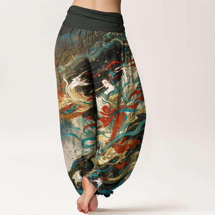 Buddha Stones Pantaloni harem da donna in cotone Dunhuang con motivo a nuvole e figura orientale, con elastico in vita. - image 1