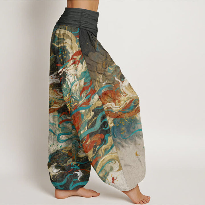 Buddha Stones Pantaloni harem da donna in cotone Dunhuang con motivo a nuvole e figura orientale, con elastico in vita. - image 2