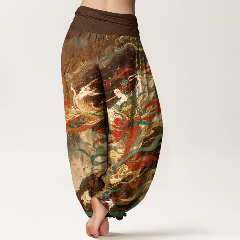 Buddha Stones Pantaloni harem da donna in cotone Dunhuang con motivo a nuvole e figura orientale, con elastico in vita. - image 6