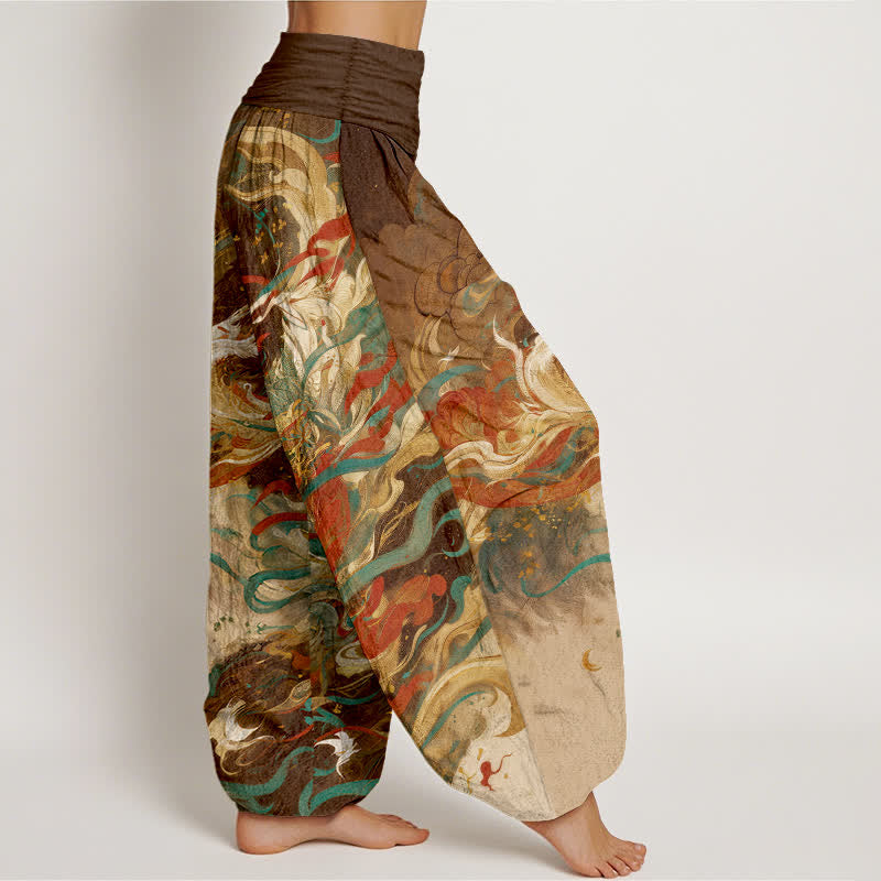 Buddha Stones Pantaloni harem da donna in cotone Dunhuang con motivo a nuvole e figura orientale, con elastico in vita. - image 7