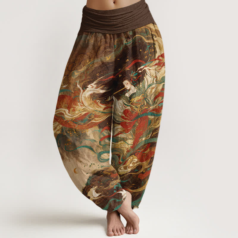 Buddha Stones Pantaloni harem da donna in cotone Dunhuang con motivo a nuvole e figura orientale, con elastico in vita. - Marrone sella - US16, UK/AU20, EU48 (3XL) - image 5