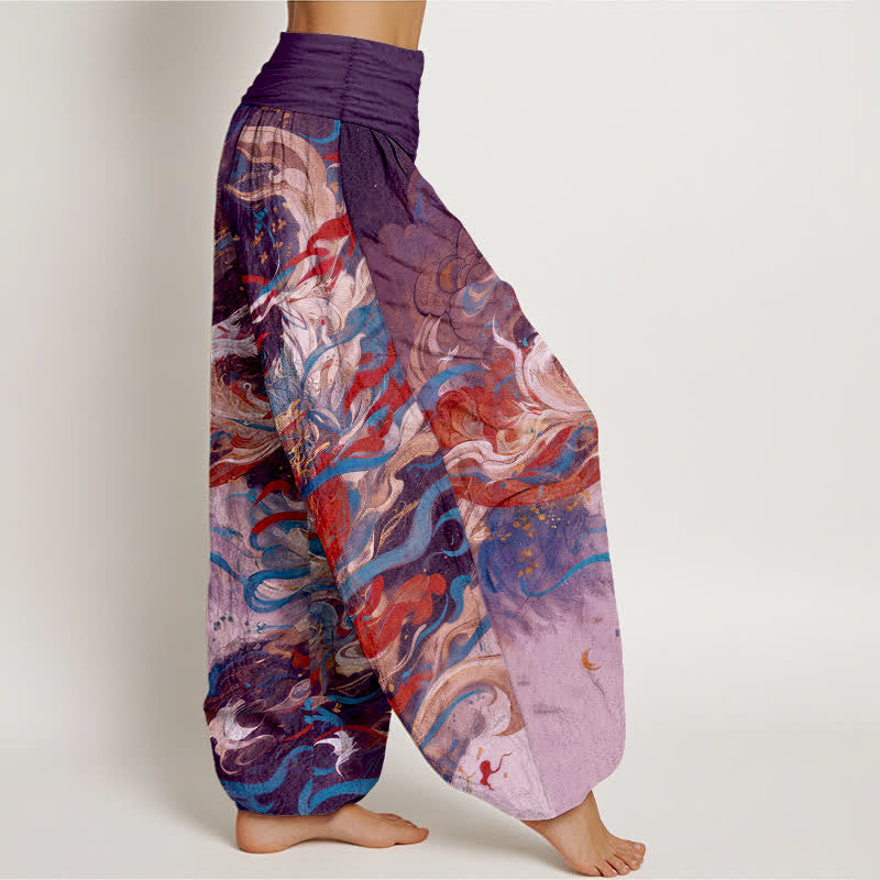 Buddha Stones Pantaloni harem da donna in cotone Dunhuang con motivo a nuvole e figura orientale, con elastico in vita. - image 10