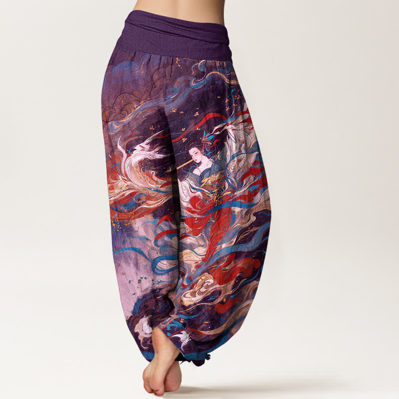 Buddha Stones Pantaloni harem da donna in cotone Dunhuang con motivo a nuvole e figura orientale, con elastico in vita. - image 9
