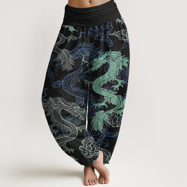 Buddha Stones Pantaloni harem da donna in cotone con fantasia drago azzurro e vita elasticizzata - Nero - US16, UK/AU20, EU48 (3XL) - image 0